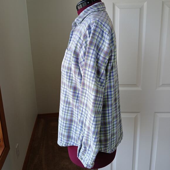 Woolrich Multi Flannel Blouse L purple green white plaid checks LS vtg Y2K warm - Picture 3 of 13